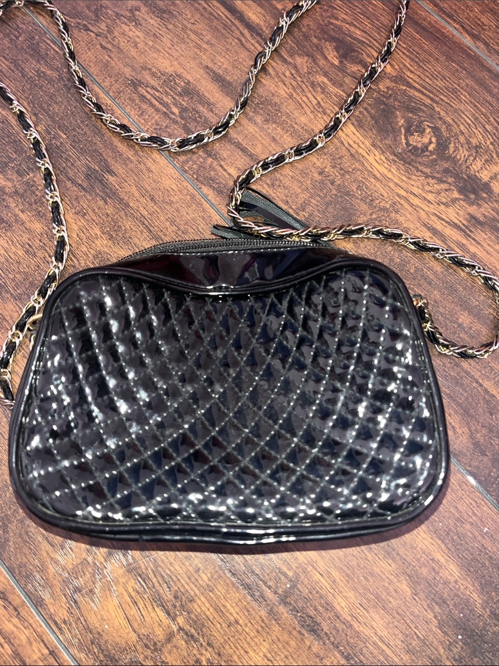 Black Quilted Patent Crossbody Bag with Chain Strap